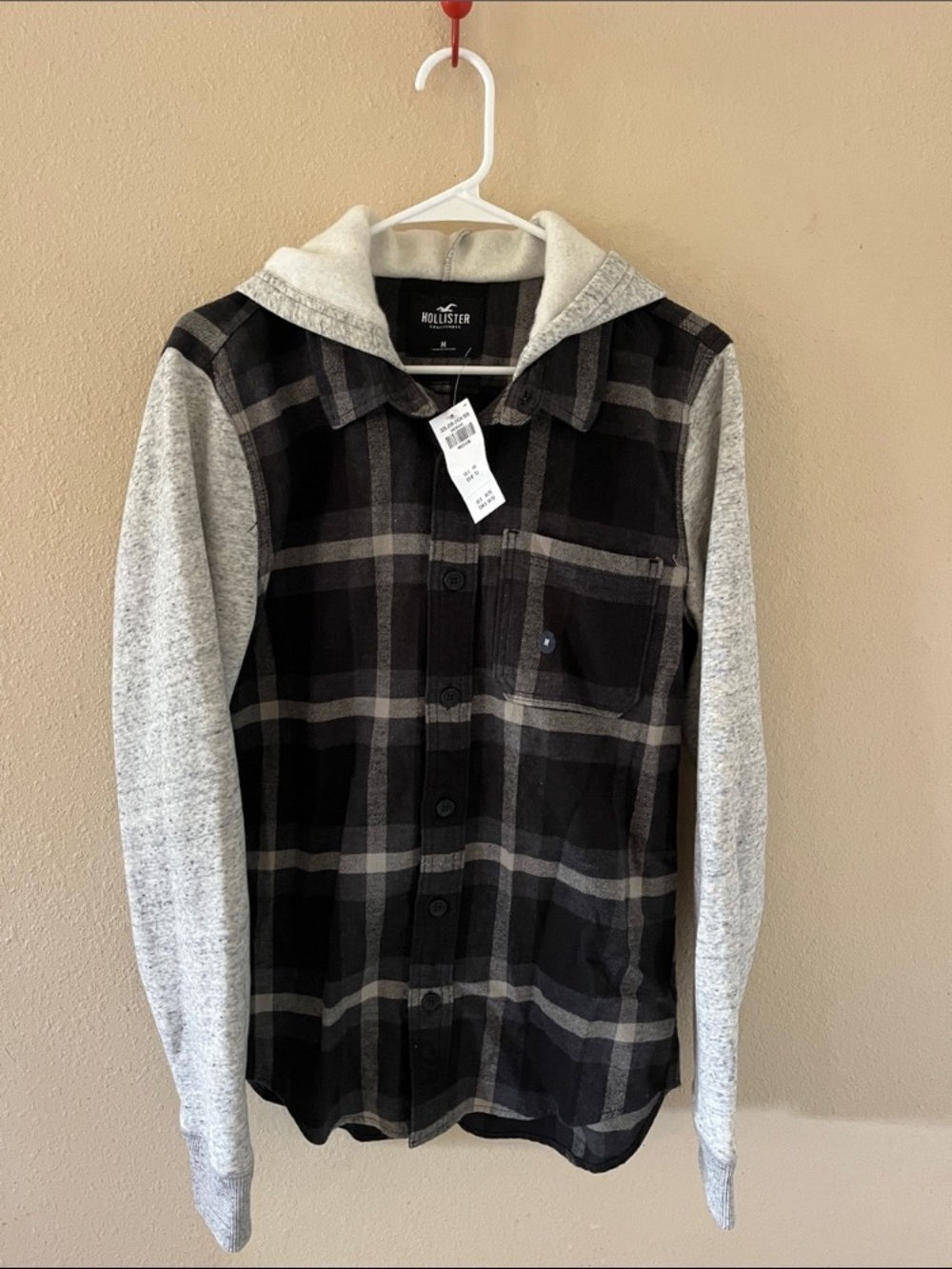 Hollister Men’s Black & Gray Plaid Hooded Flannel Shirt